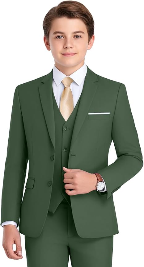 Boys Formal Suit 4 Piece Set Classic Fit Wedding Tuxedo with Jacket Vest Shirt Pants Tie for Kids