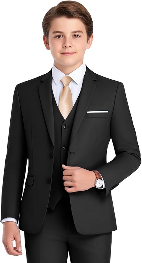 Boys Formal Suit 4 Piece Set Classic Fit Wedding Tuxedo with Jacket Vest Shirt Pants Tie for Kids