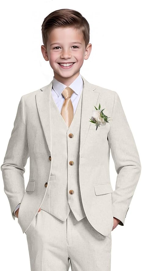 Boys Linen Suit Casual Summer 3 Piece Slim Fit Suit Breathable Kids Teen boy Jacket Vest Pant