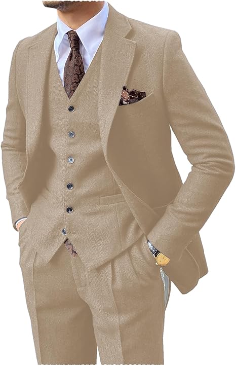 Men's Vintage 3 Piece Suit Tweed Herringbone Suit Slim Fit Groom Tuxedo Suit Ballroom Jacket Suit Vest Pants
