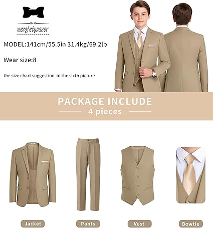 Boys Formal Suit 4 Piece Set Classic Fit Wedding Tuxedo with Jacket Vest Shirt Pants Tie for Kids