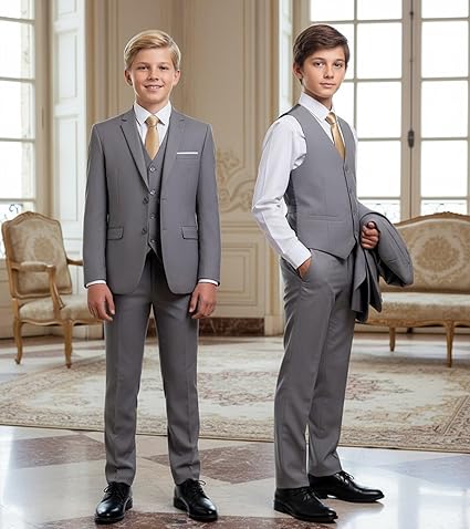Boys Formal Suit 4 Piece Set Classic Fit Wedding Tuxedo with Jacket Vest Shirt Pants Tie for Kids