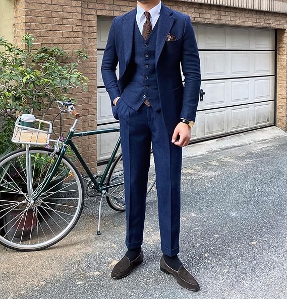 Men's Vintage 3 Piece Suit Tweed Herringbone Suit Slim Fit Groom Tuxedo Suit Ballroom Jacket Suit Vest Pants