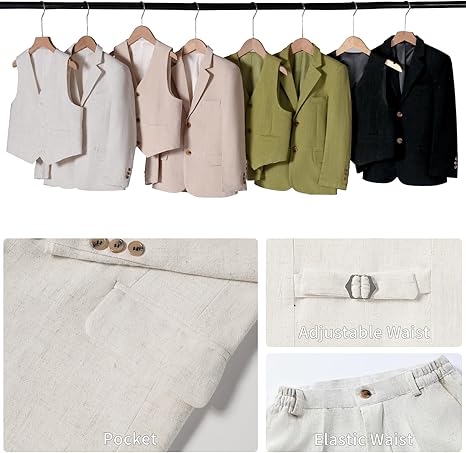 Boys Linen Suit Casual Summer 3 Piece Slim Fit Suit Breathable Kids Teen boy Jacket Vest Pant
